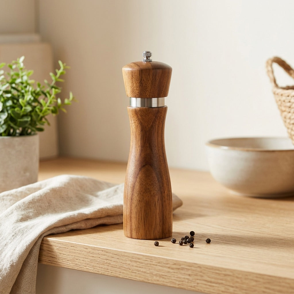 Spicegrain™ Acacia Wood Pepper Grinder in a calm home setting