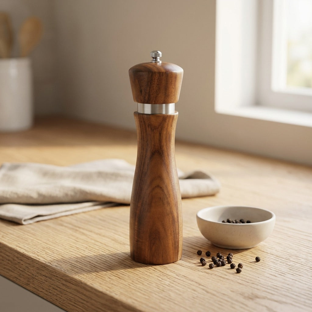 Spicegrain™ Acacia Wood Pepper Grinder, styled close view