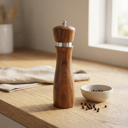 Spicegrain™ Acacia Wood Pepper Grinder, styled close view