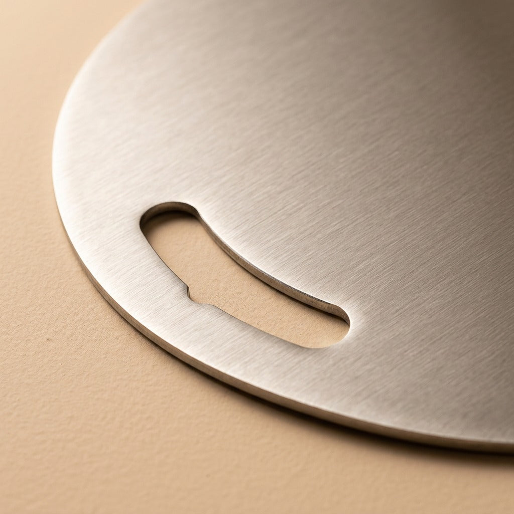 Roundchop™ Round Stainless Steel Cutting Board, material and detail close-up