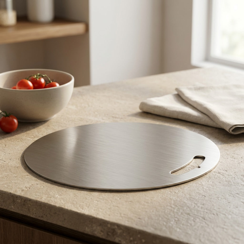 Roundchop™ Round Stainless Steel Cutting Board, styled close view