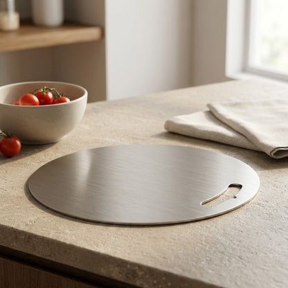 Roundchop™ Round Stainless Steel Cutting Board, styled close view