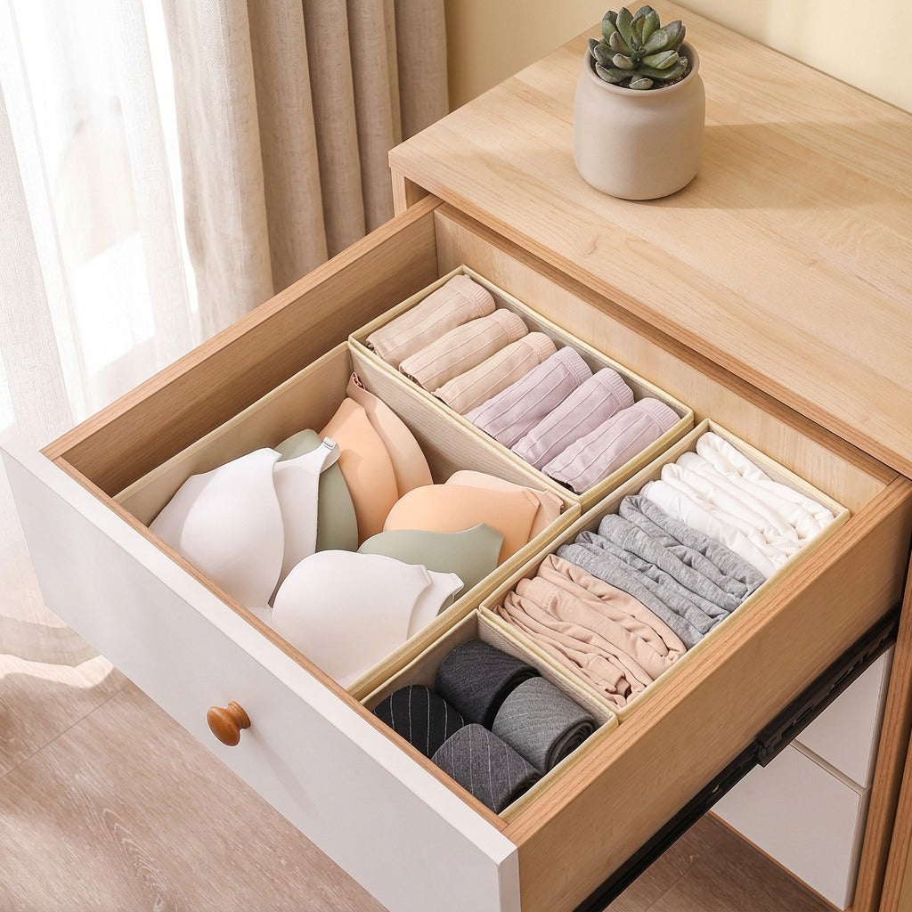 Fabricnest™ Six-Piece Fabric Storage Boxes in a calm home setting