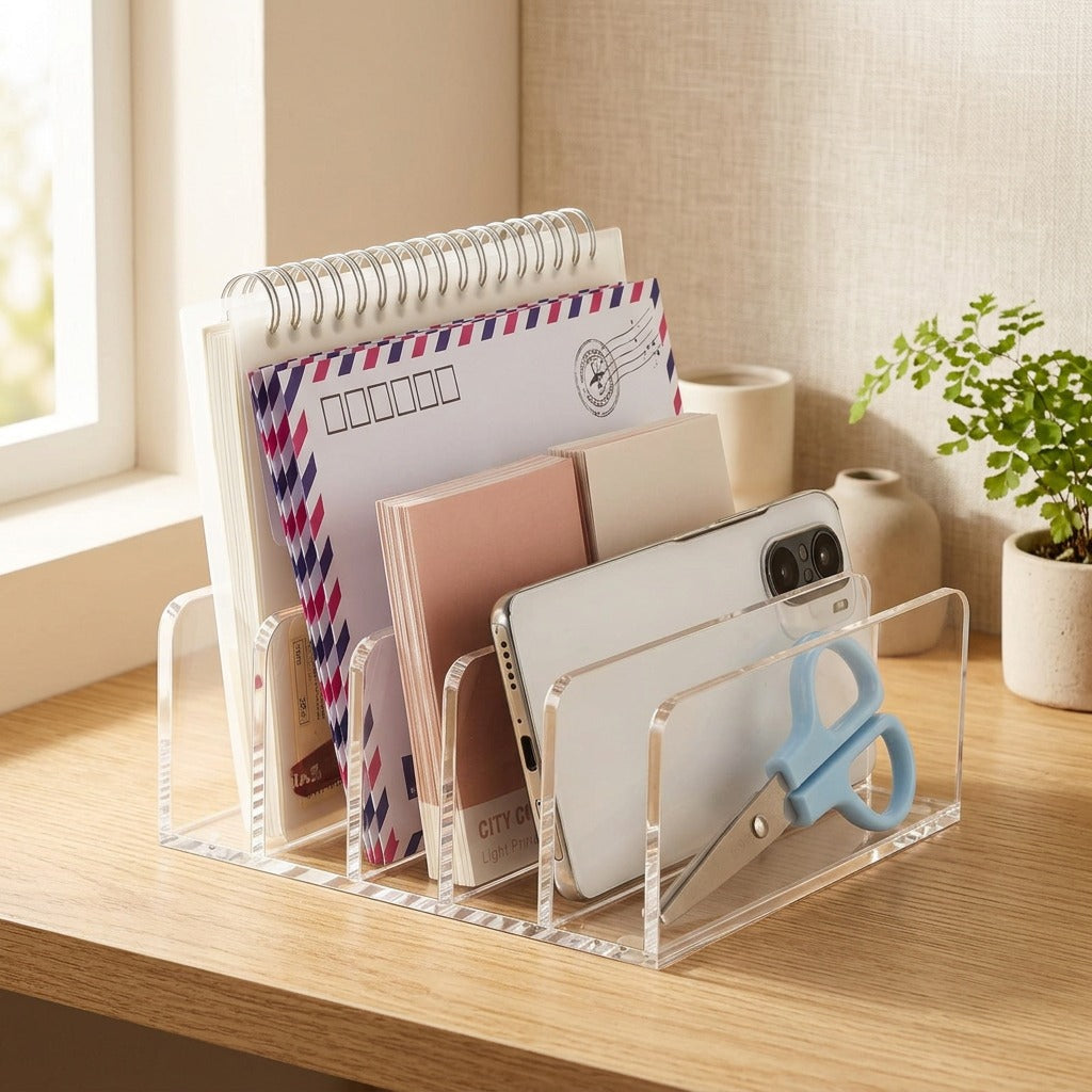 Filehaven™ Acrylic Desktop File Storage Rack in a calm home setting