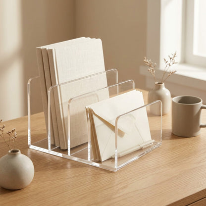 Filehaven™ Acrylic Desktop File Storage Rack, styled close view