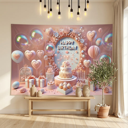 Cheerscene™ Happy Birthday Vinyl Photo Backdrop in a calm home setting