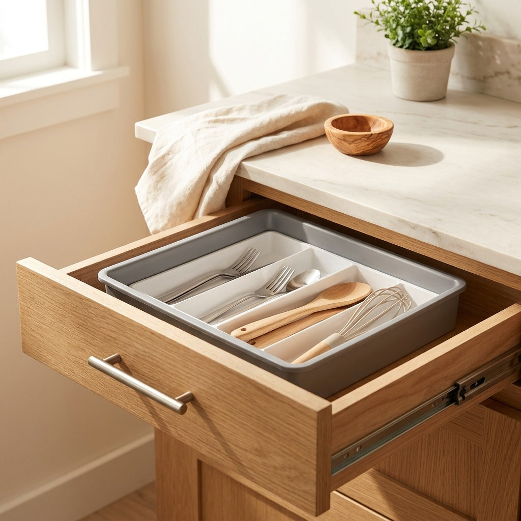 Utensilnest™ Plastic Kitchen Drawer Storage Box in a calm home setting