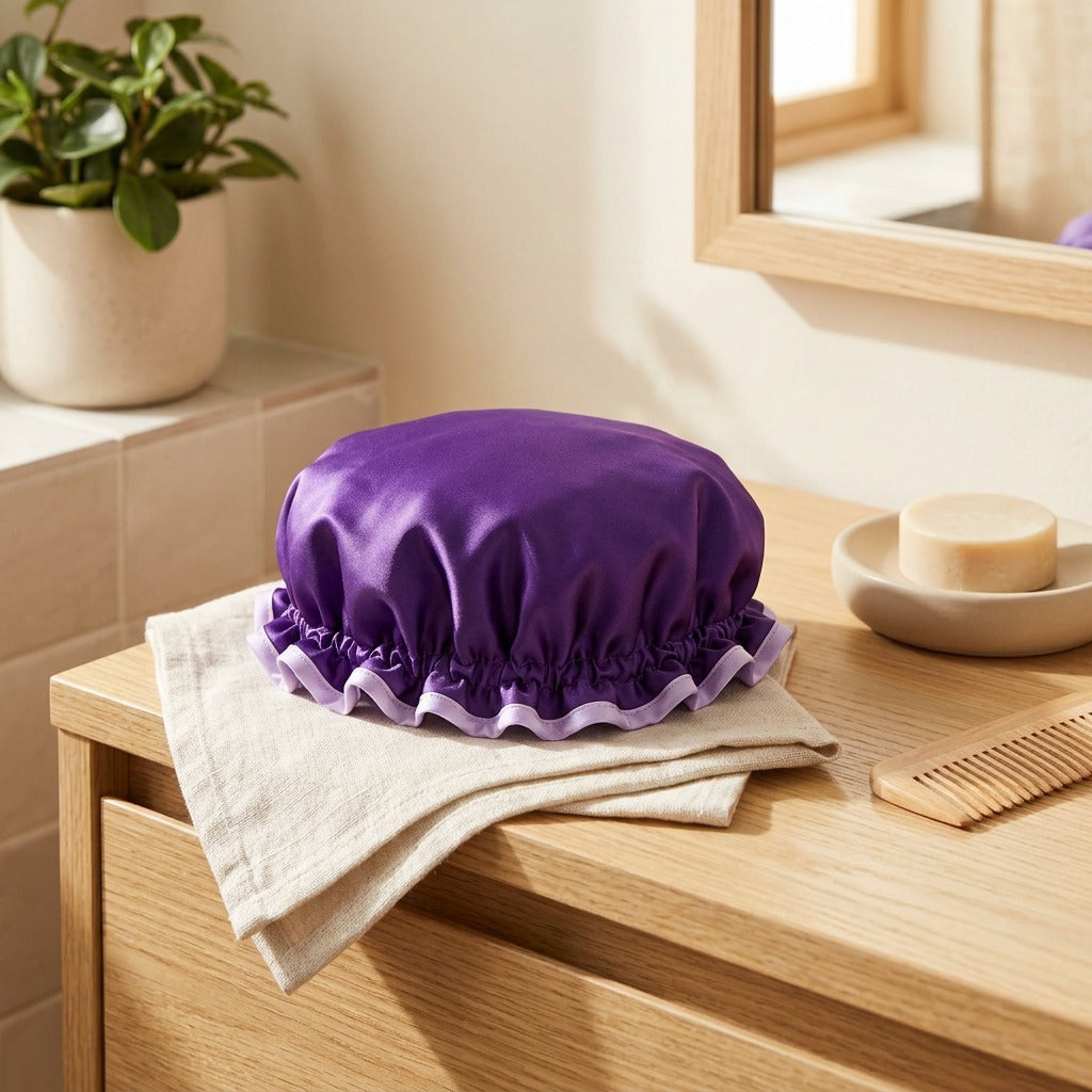 Ruffleveil™ Double-Layer Ruffle Shower Cap in a calm home setting