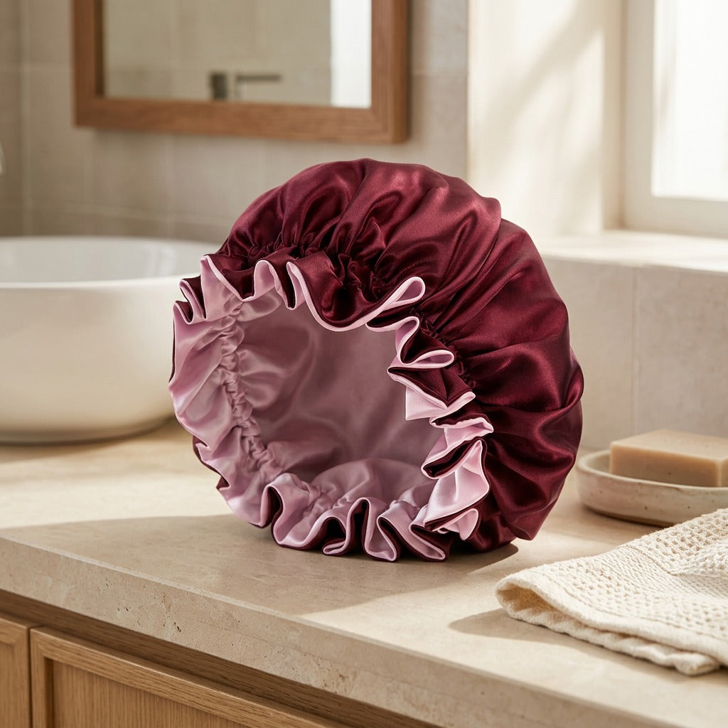 Ruffleveil™ Double-Layer Ruffle Shower Cap, styled close view