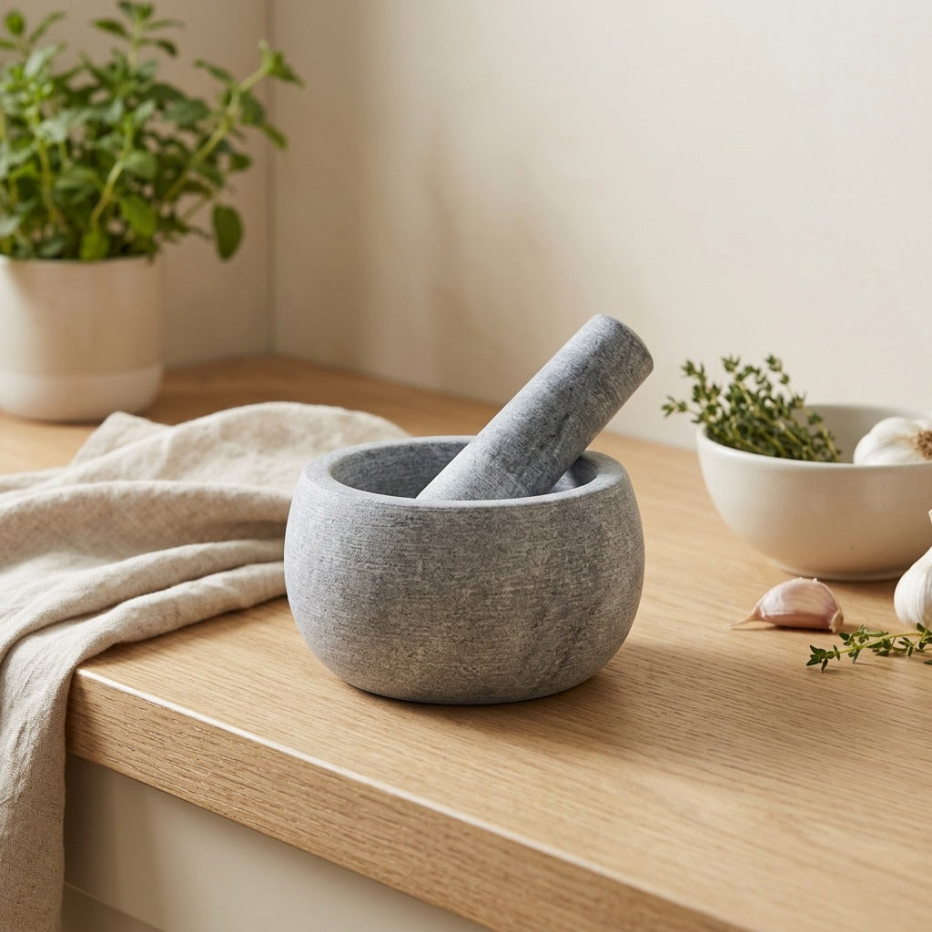 Marblemill™ Marble Garlic Grinder Mortar And Pestle in a calm home setting