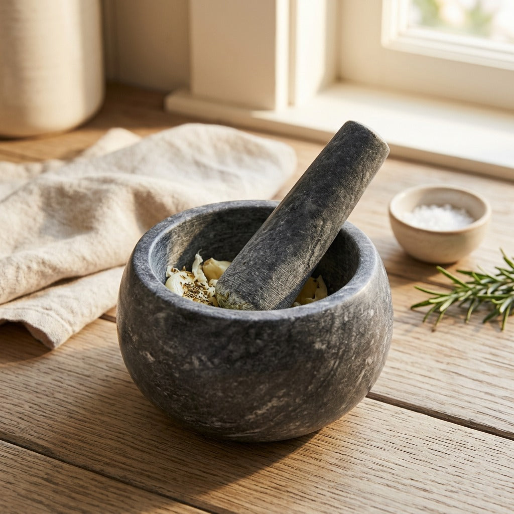 Marblemill™ Marble Garlic Grinder Mortar And Pestle, styled close view