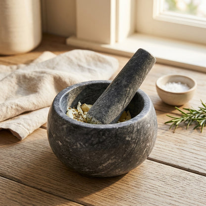 Marblemill™ Marble Garlic Grinder Mortar And Pestle, styled close view