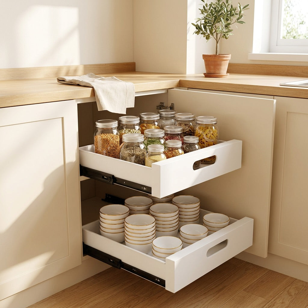 Basketglide™ Carbon Steel Pull-Out Basket in a calm home setting