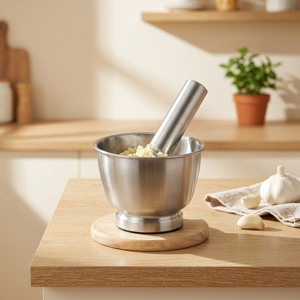 Steelclove™ 304 Stainless Steel Garlic Masher in a calm home setting