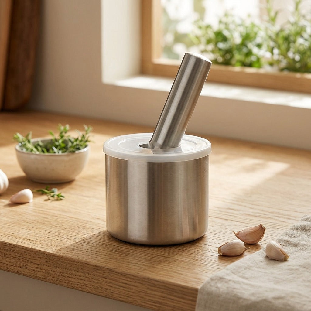 Steelclove™ 304 Stainless Steel Garlic Masher, styled close view