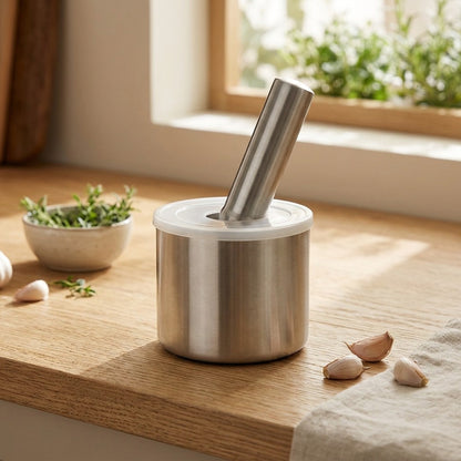 Steelclove™ 304 Stainless Steel Garlic Masher, styled close view