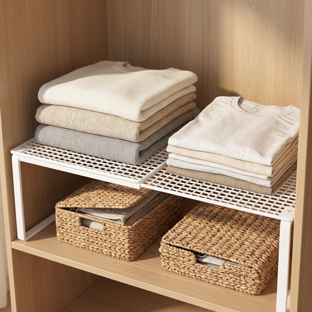 Closetrise™ Expandable Iron Wardrobe Storage Rack, styled close view