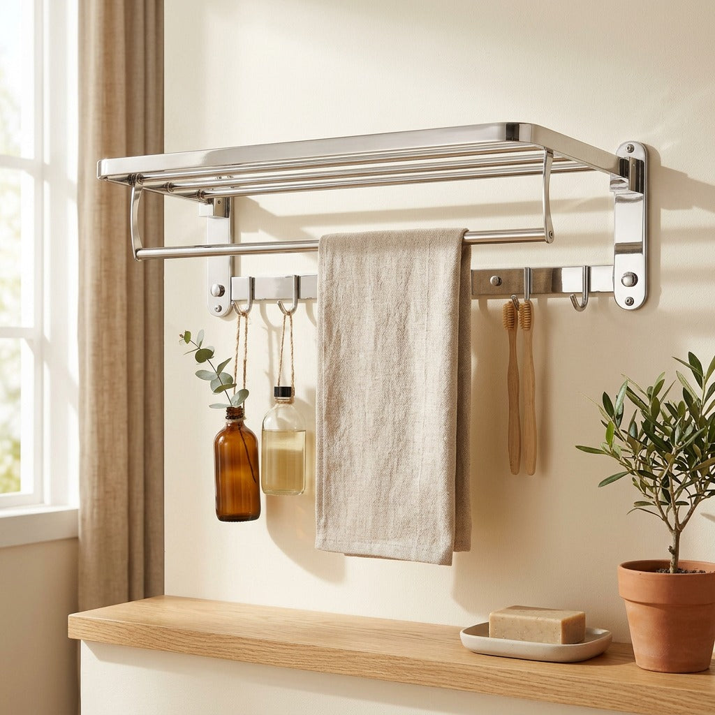 Steelhinge™ 304 Stainless Steel Folding Towel Rack in a calm home setting