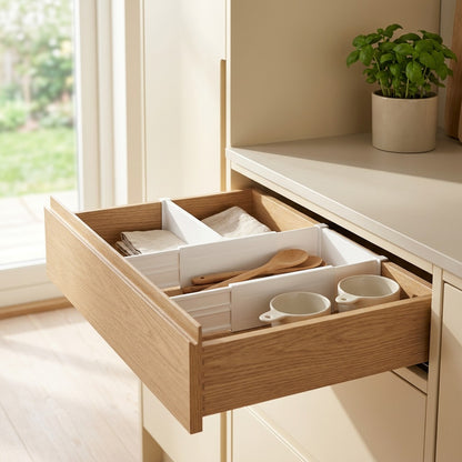 Slotsort™ White Plastic Drawer Dividers in a calm home setting