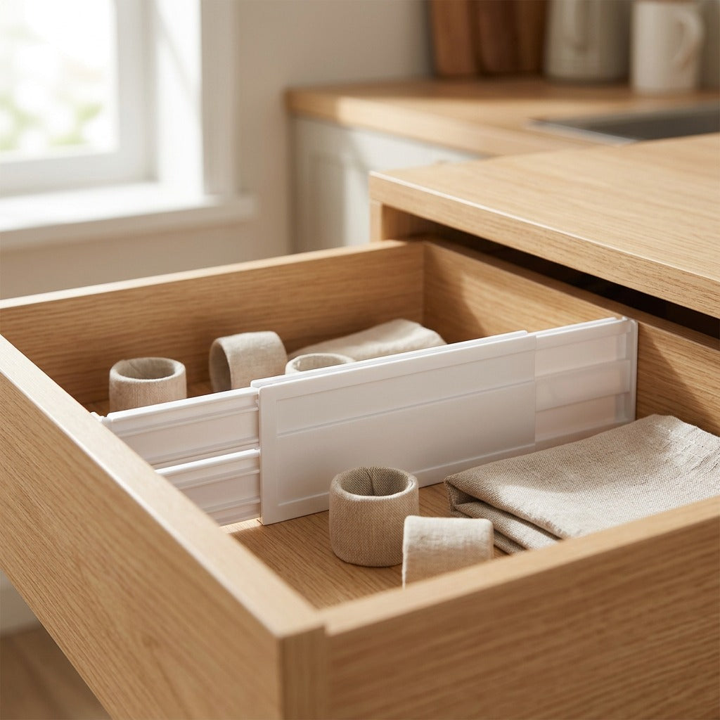 Slotsort™ White Plastic Drawer Dividers, styled close view