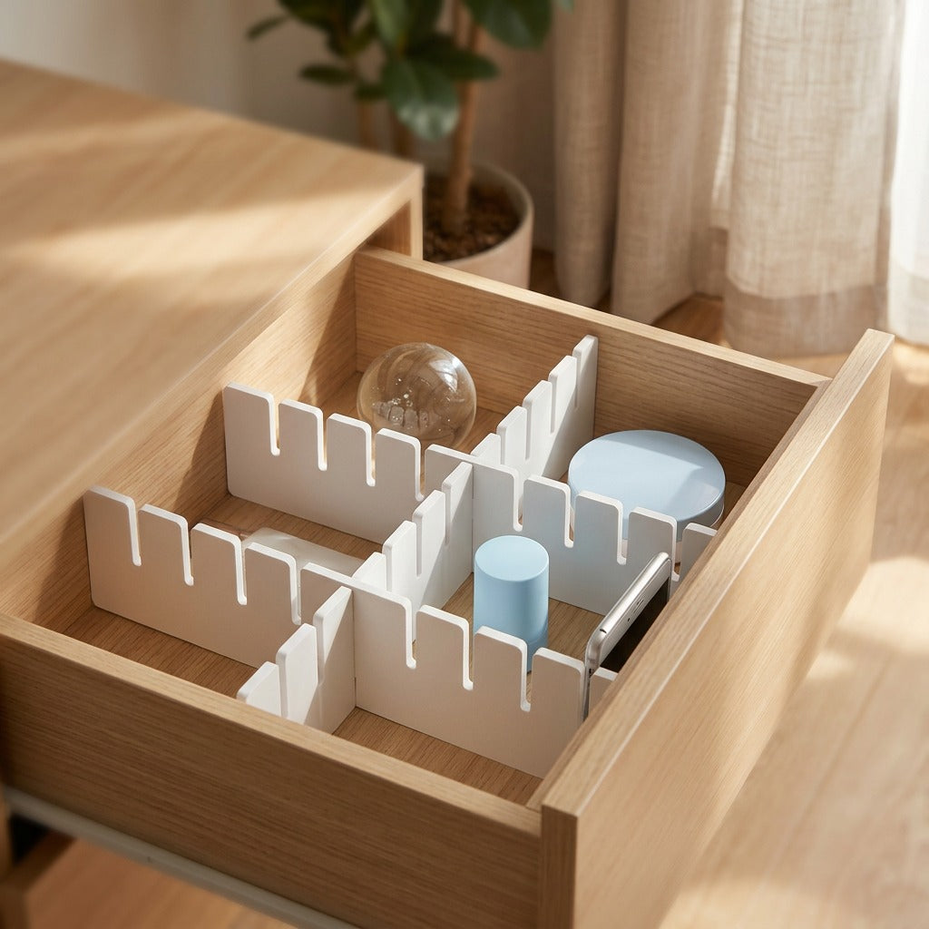 Drawersort™ Wood Plastic Drawer Divider, styled close view