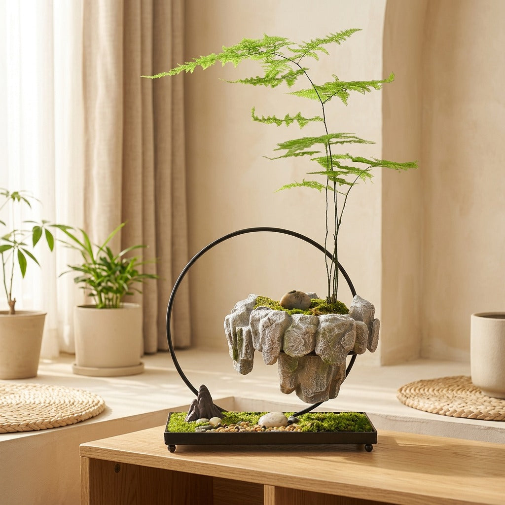 Bloomperch™ Iron Hanging Planter With Rockery Basin in a calm home setting