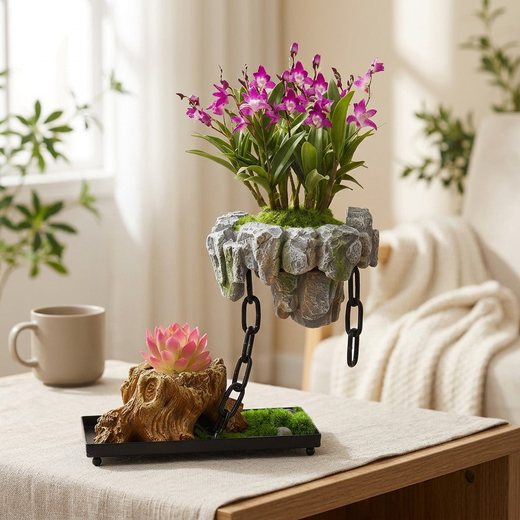 Bloomperch™ Iron Hanging Planter With Rockery Basin, styled close view