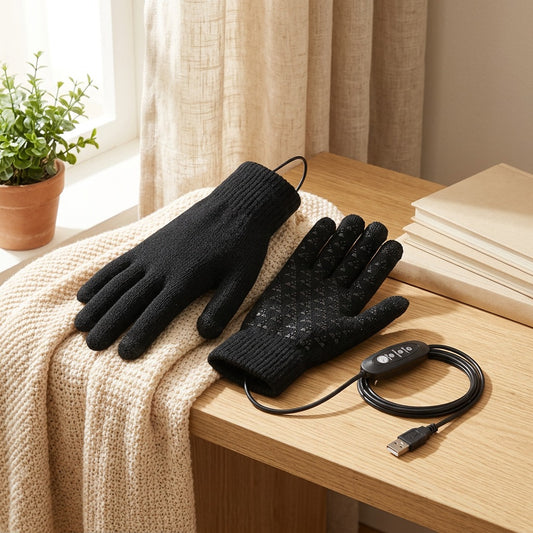 Toastytype™ USB Heated Touch Screen Gloves in a calm home setting