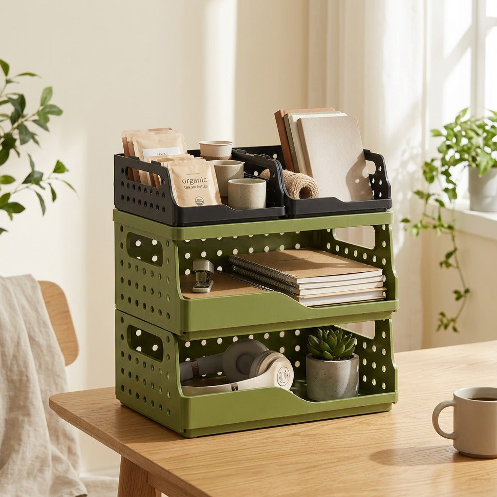 Stackrack™ 3-Layer Plastic Desktop Storage Rack in a calm home setting
