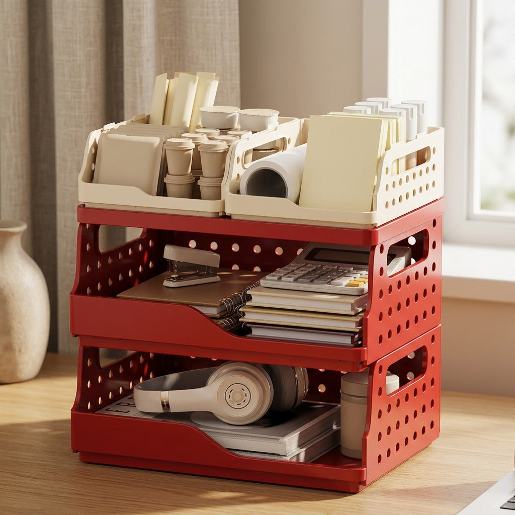 Stackrack™ 3-Layer Plastic Desktop Storage Rack, styled close view