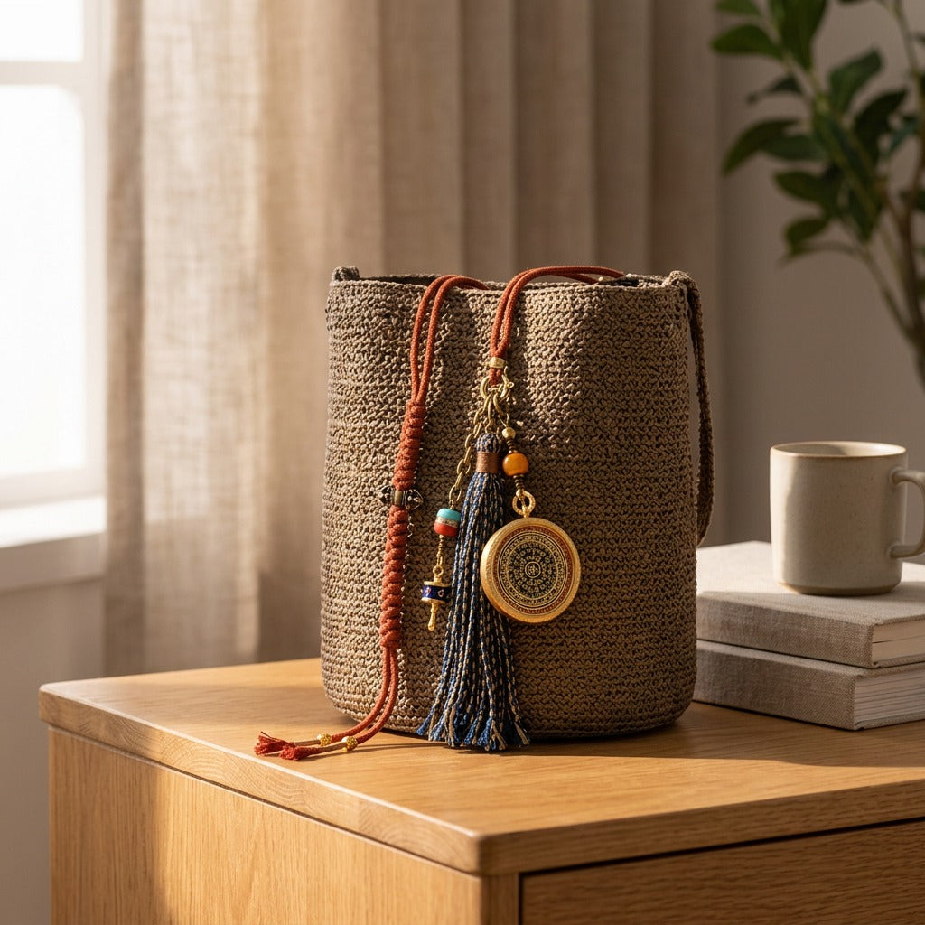 Coppercharm™ Copper Woven Bag Hanging Accessory, styled close view