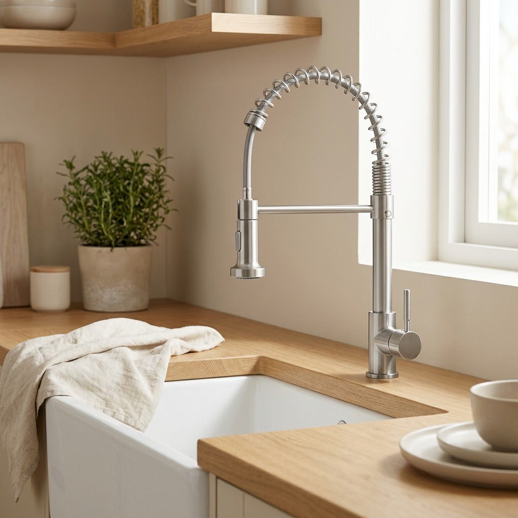 Flowglide™ Stainless Steel Pull-Out Kitchen Faucet in a calm home setting