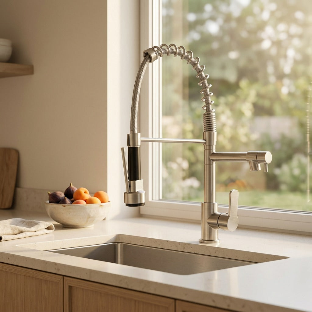 Flowglide™ Stainless Steel Pull-Out Kitchen Faucet, styled close view