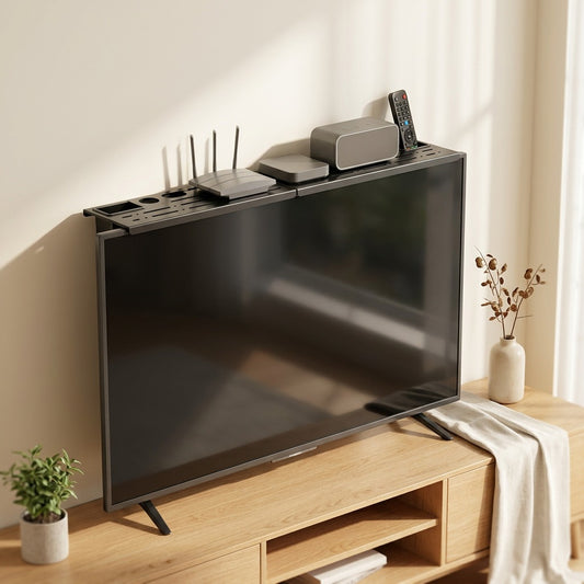 Screenledge™ Carbon Steel TV Rack Storage Shelf in a calm home setting