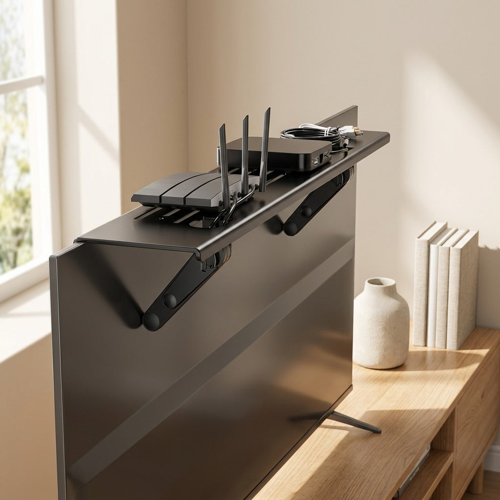 Screenledge™ Carbon Steel TV Rack Storage Shelf, styled close view