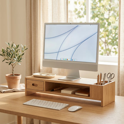 Drawerrest™ Wooden Monitor Stand With Drawer in a calm home setting