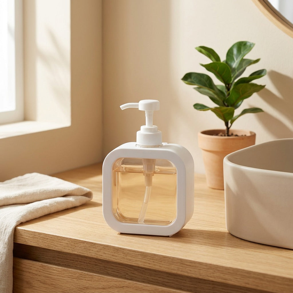 Pumpwell™ PET+PP Refillable Pump Bottle in a calm home setting