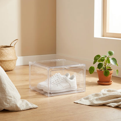 Shoecrystal™ Transparent PET Shoe Storage Box in a calm home setting