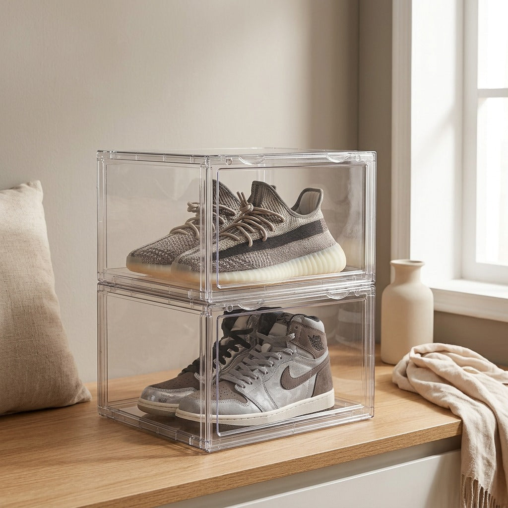 Shoecrystal™ Transparent PET Shoe Storage Box, styled close view