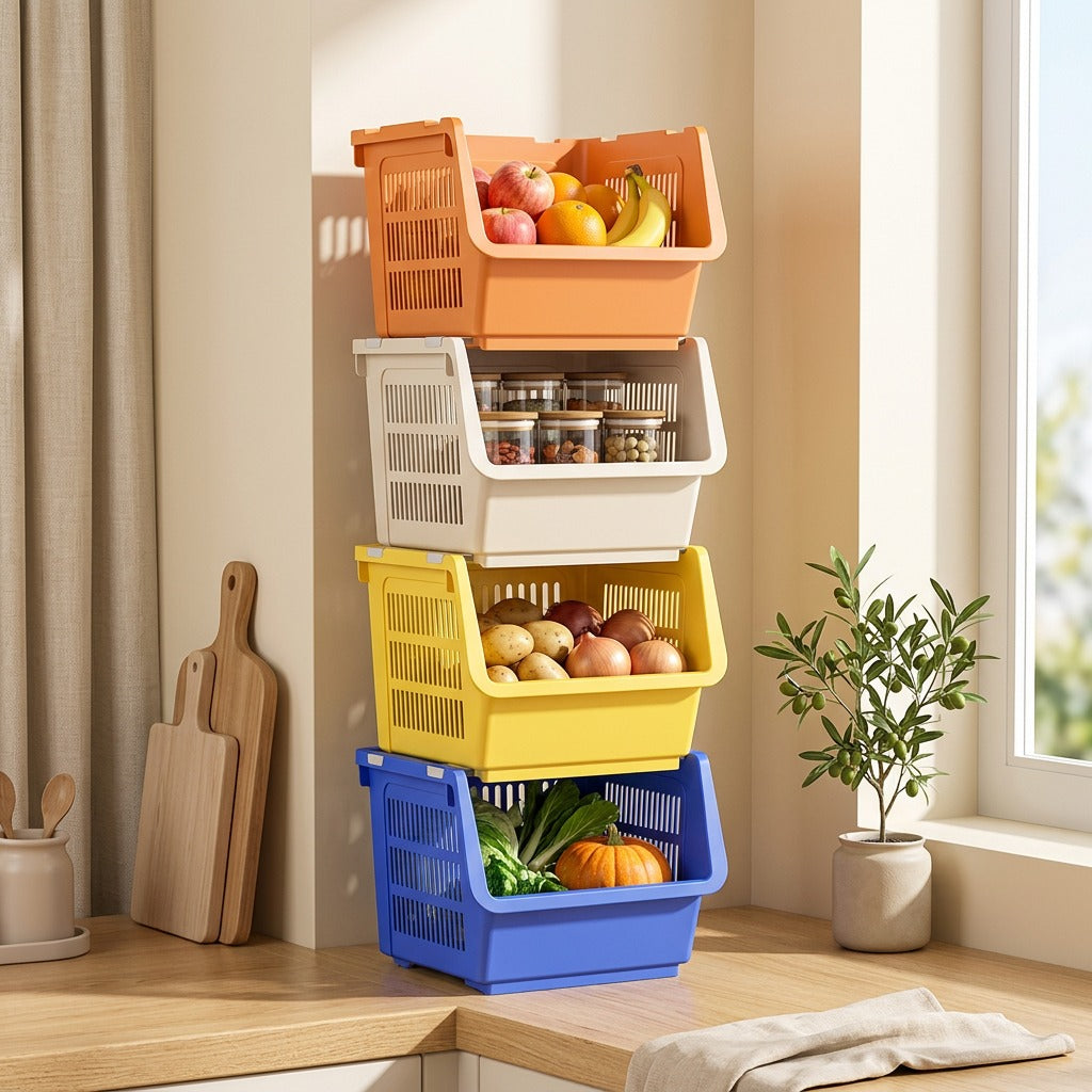 Fourtier™ Four-Layer Plastic Storage Rack in a calm home setting