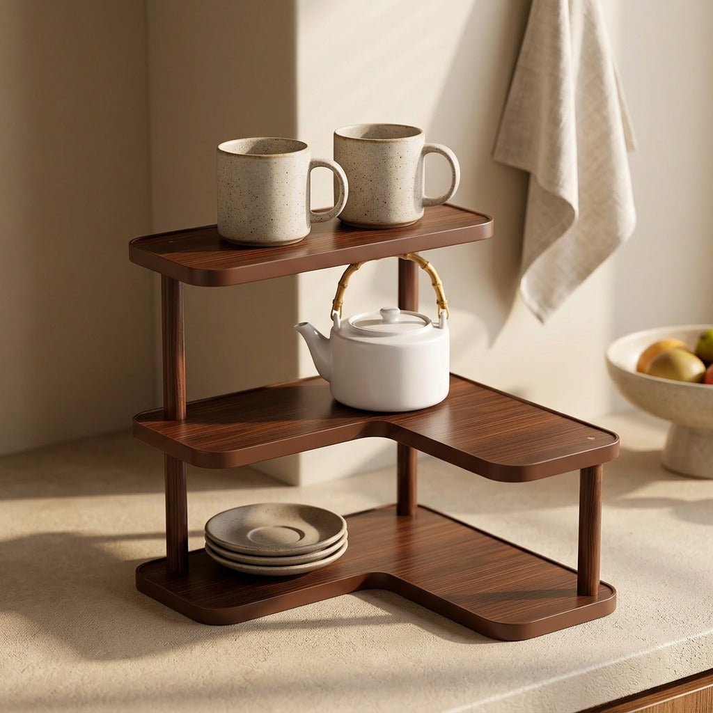 Bamboostep™ Bamboo 3-Tier Corner Storage Rack, styled close view
