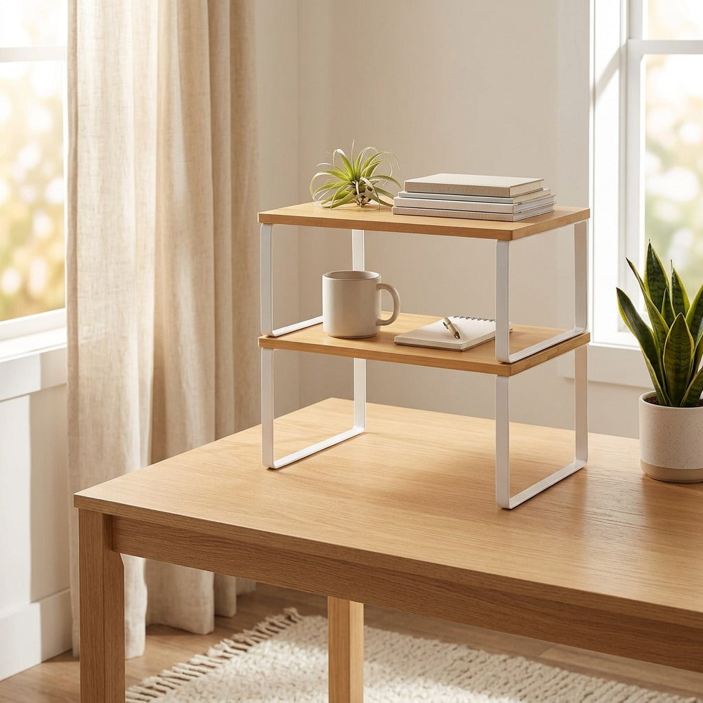 Stackledge™ Two-Tier Desktop Storage Rack in a calm home setting