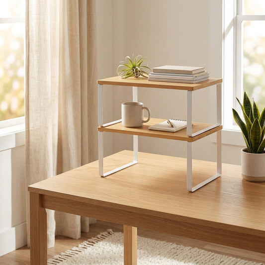 Stackledge™ Two-Tier Desktop Storage Rack in a calm home setting