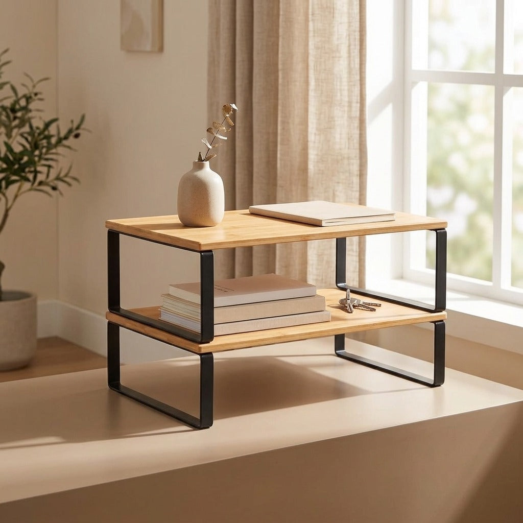 Stackledge™ Two-Tier Desktop Storage Rack, styled close view