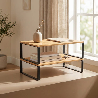 Stackledge™ Two-Tier Desktop Storage Rack, styled close view