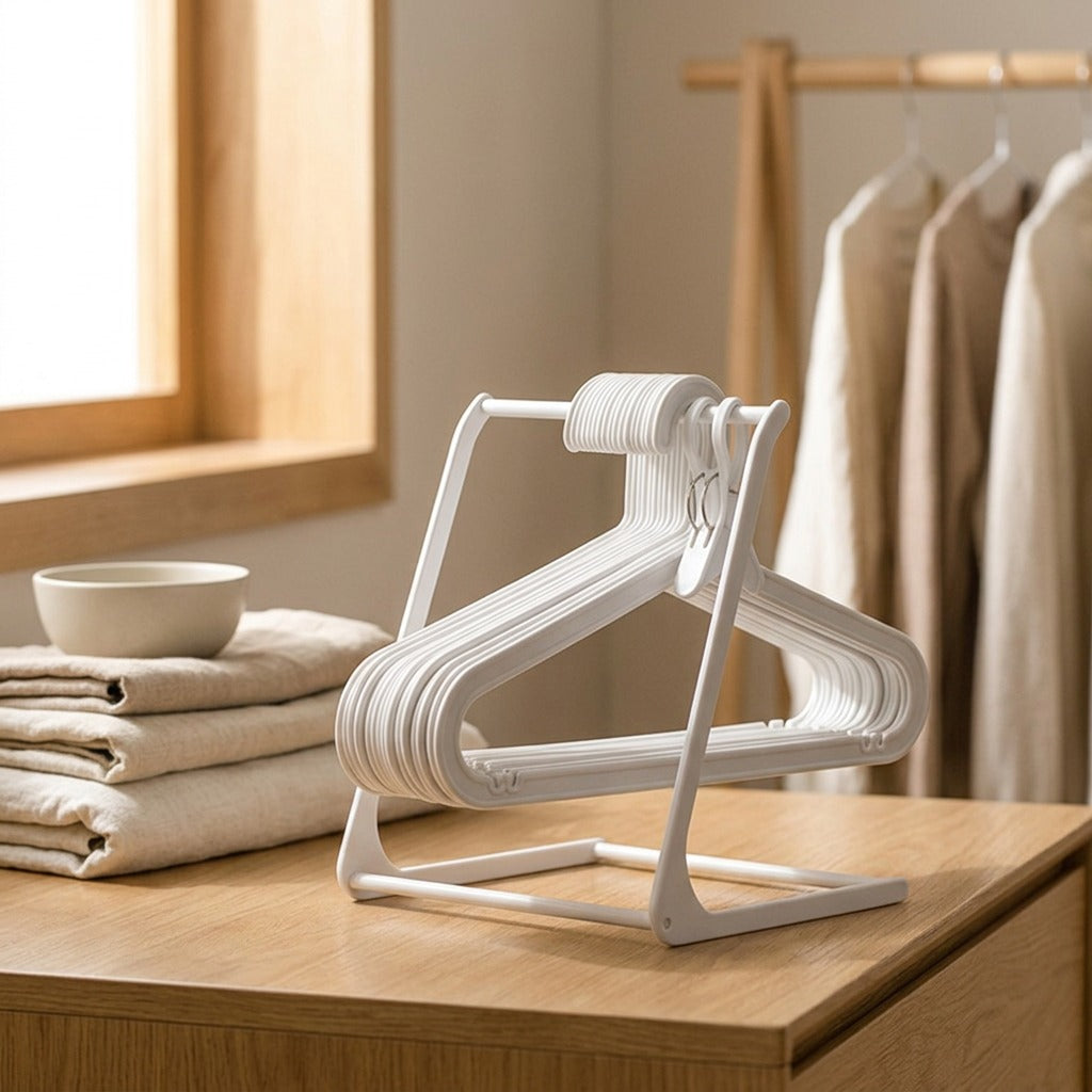 Hangstack™ White PP Hanger Storage Rack, styled close view