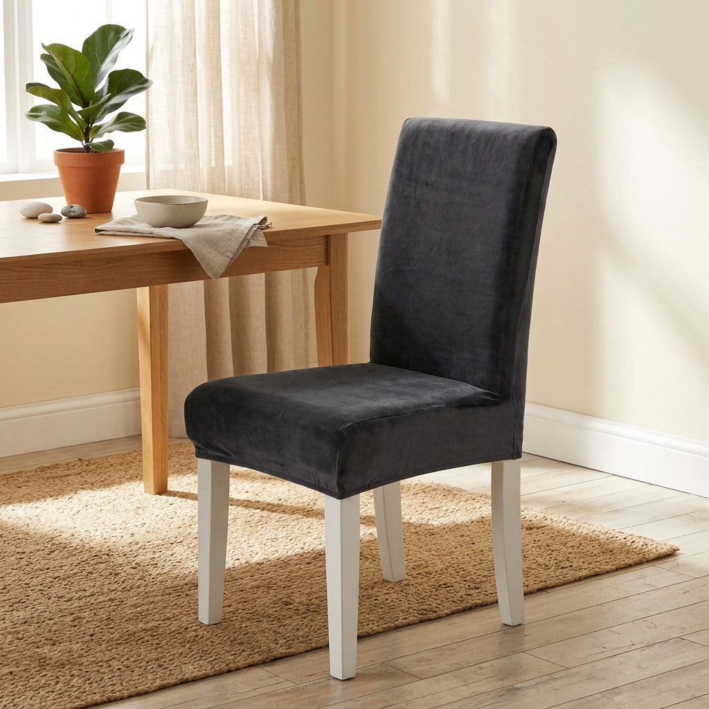 Velvetfit™ Solid Color Velvet Chair Cover in a calm home setting