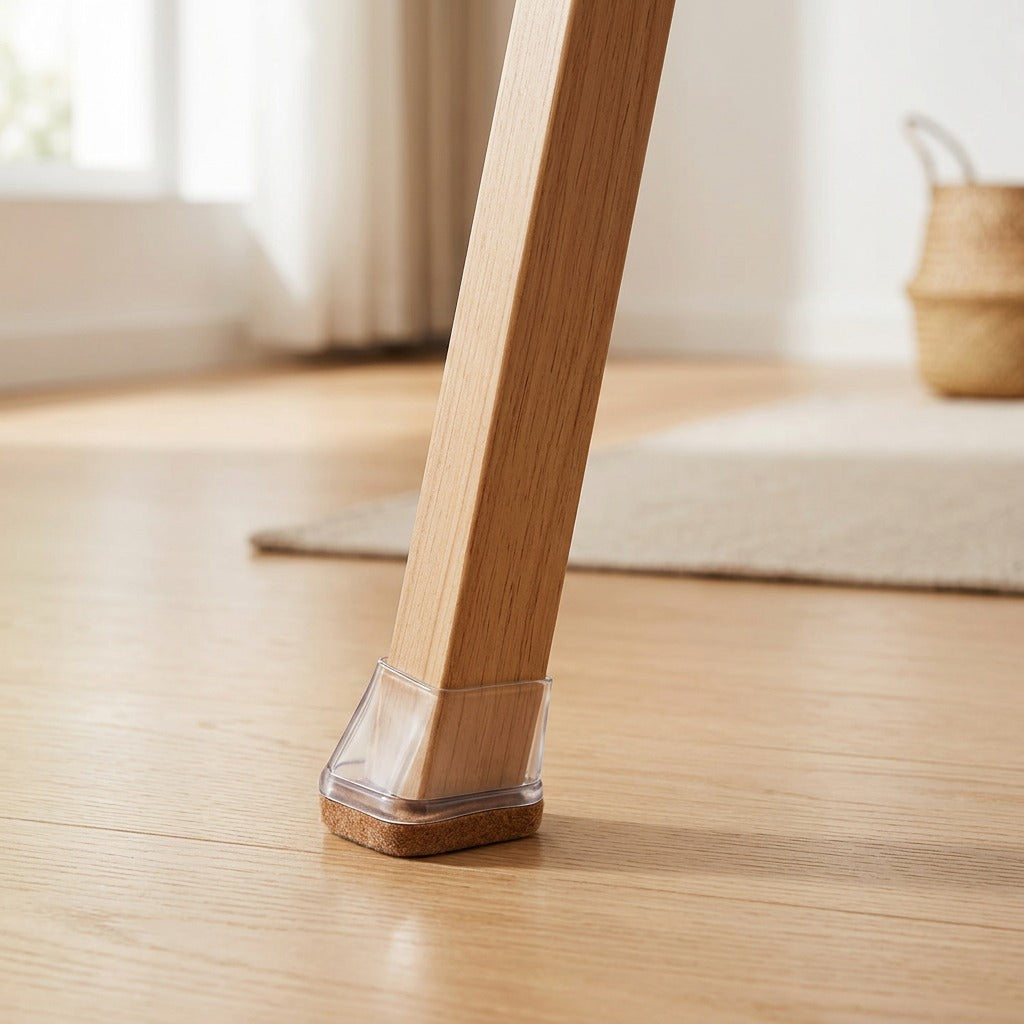 Clearfoot™ Square Transparent Chair Leg Covers, styled close view