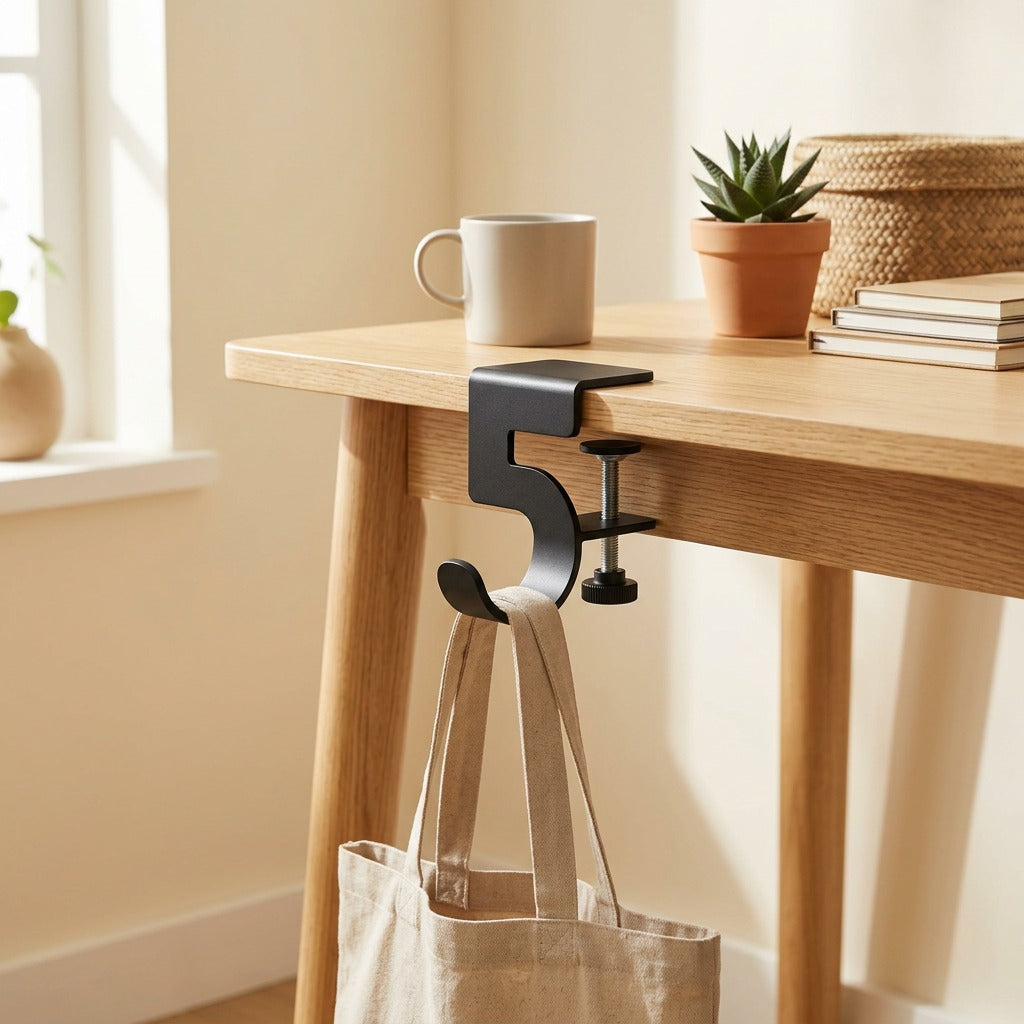 Deskhang™ Aluminum Alloy Desk Hook in a calm home setting