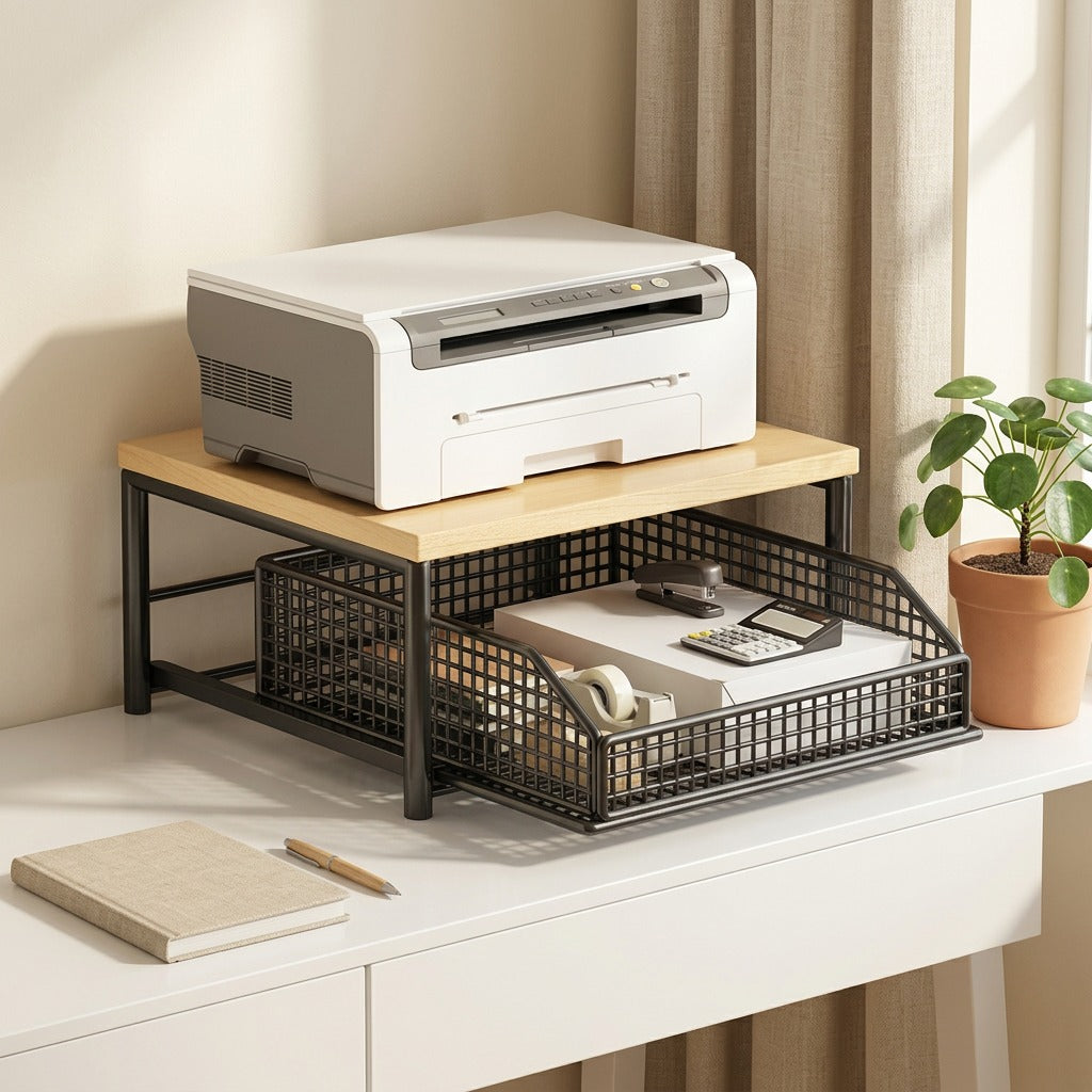 Printperch™ Metal Desktop Printer Stand Storage Rack in a calm home setting